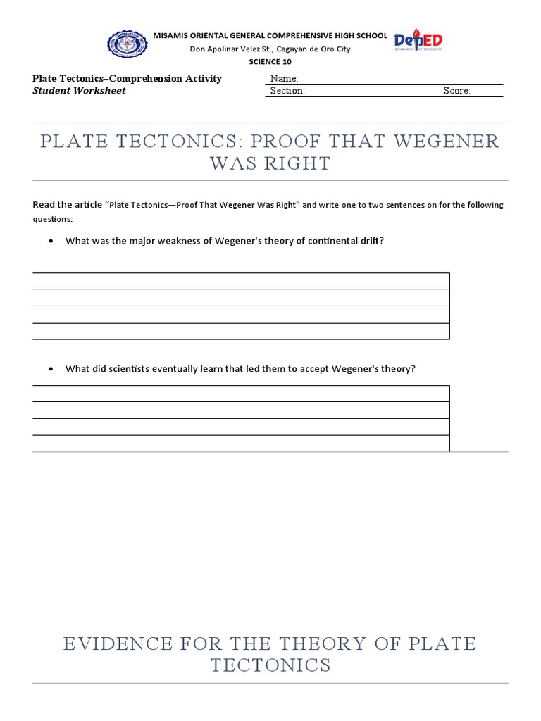 Plate Tectonics Comprehension Activity Word PDF
