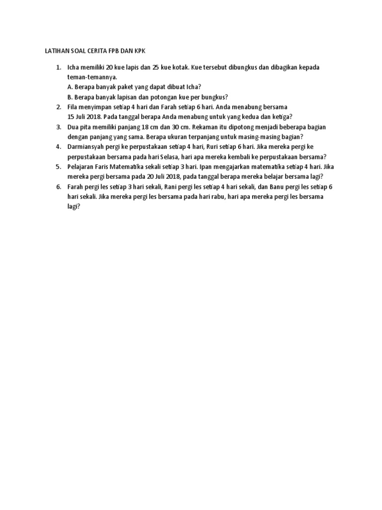 Soal Cerita Fpb Dan Kpk Goreng