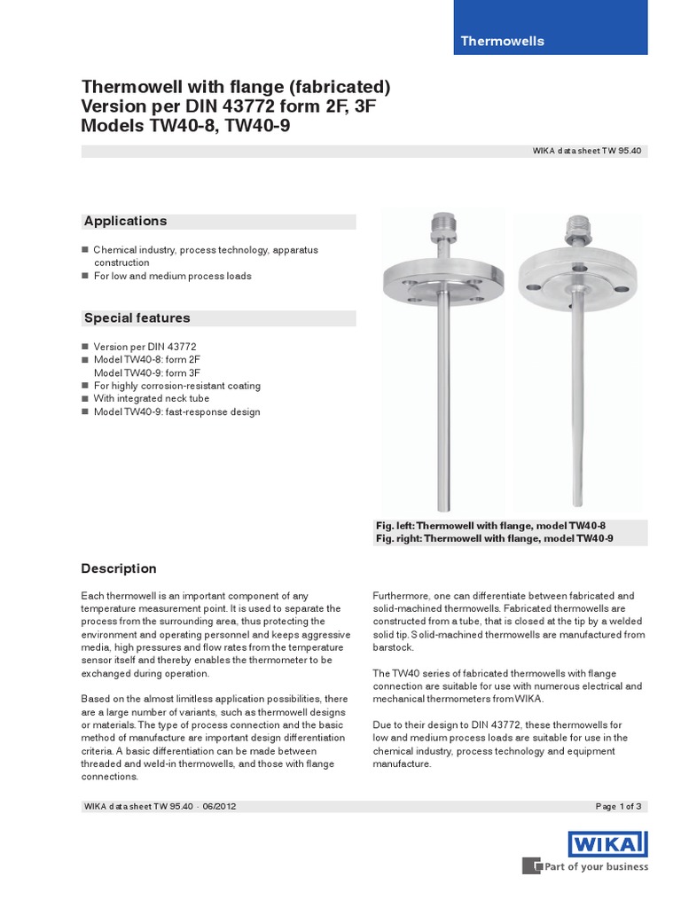 Thermowell With Flange (Fabricated) Version Per DIN 43772 Form 2F, 3F