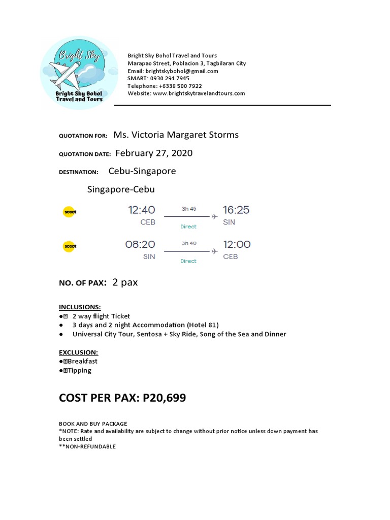 Revised Quotation for Travel Package | PDF