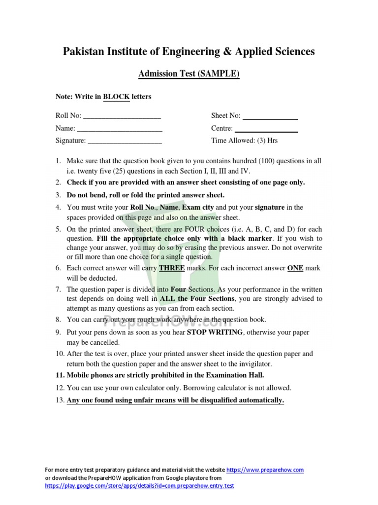 PIEAS Admission Test Sample Paper | PDF | Computers