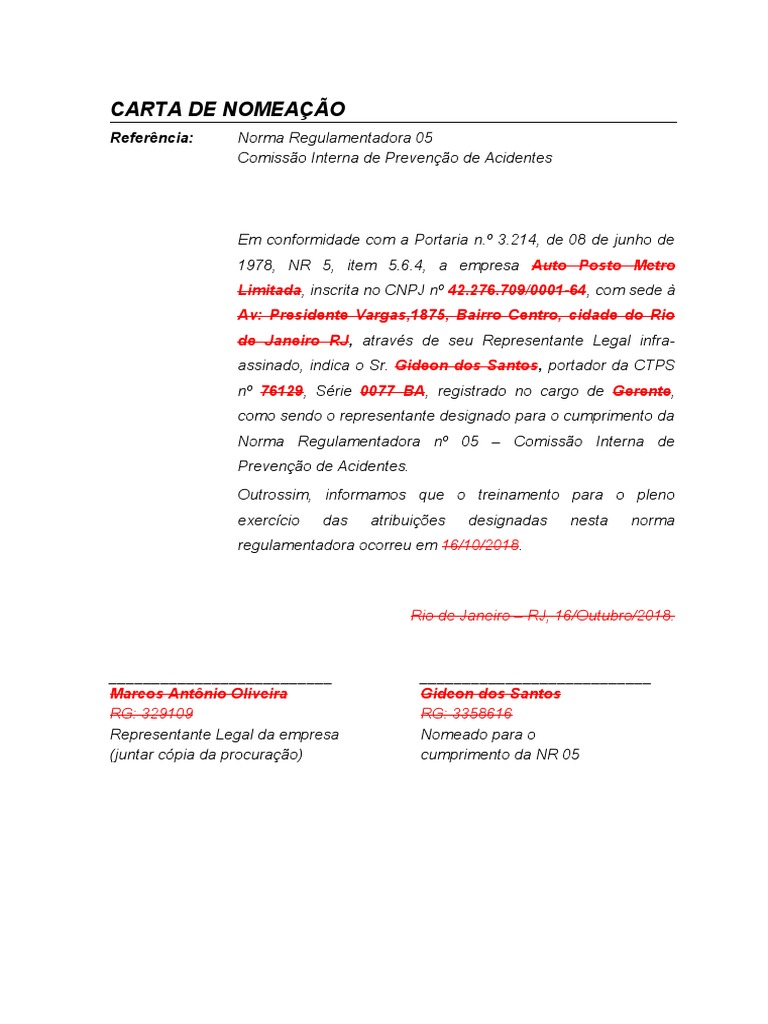 Modelo De Carta De Designado Da Cipa Word