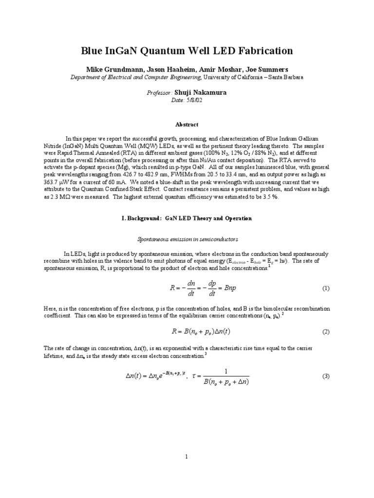 Blue InGaN Quantum Well LED Study | PDF | Light Emitting Diode | Electron