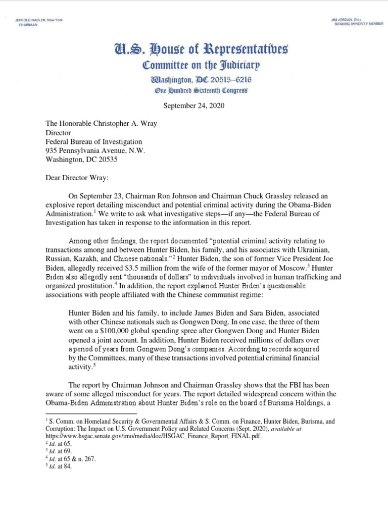 Jim Jordan letter to Christopher Wray Federal Bureau Of Investigation