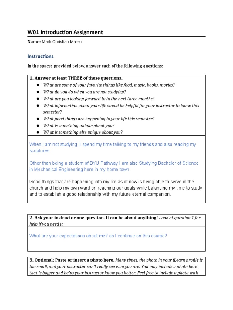 W01 Introduction Assignment: Instructions | PDF