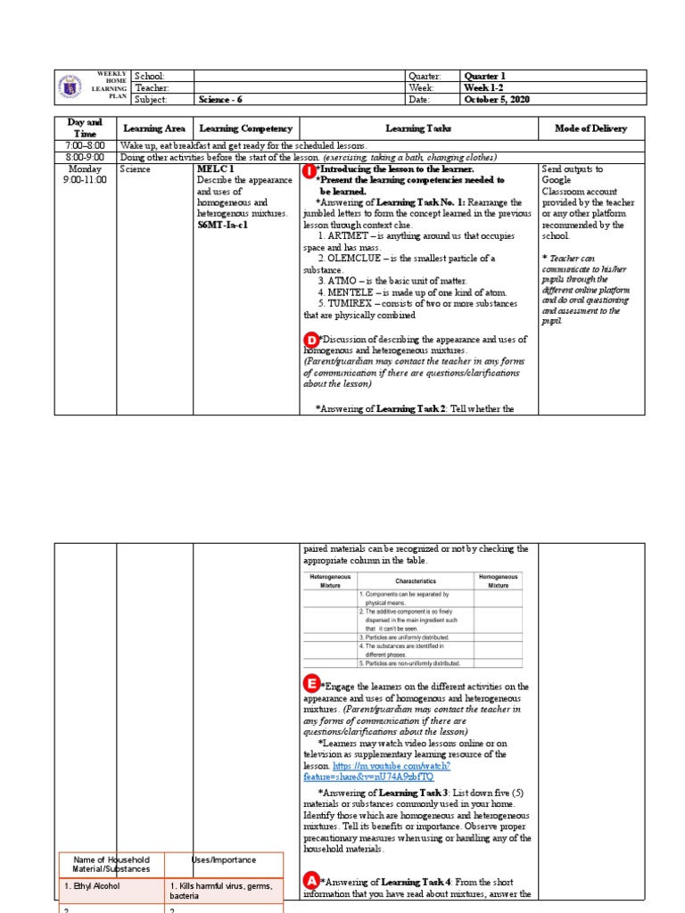 Grade 6 Science Weekly Learning Plan | PDF | Mixture | Homogeneity And ...