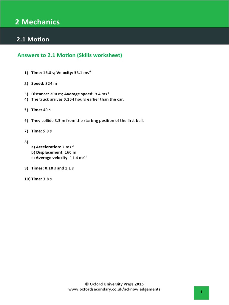 Motion Worksheet Answer Key | PDF | Technology & Engineering