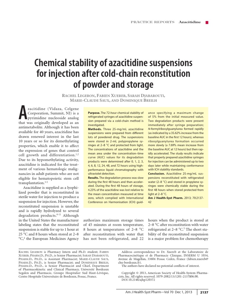 Chemical Stability of Azacitidine Suspensions For Injection After Cold