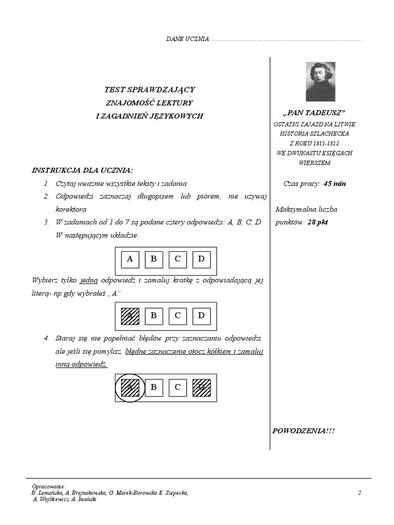 Pan Tadeusz Test Klasa 8 Pan Tadeusz - Test | PDF