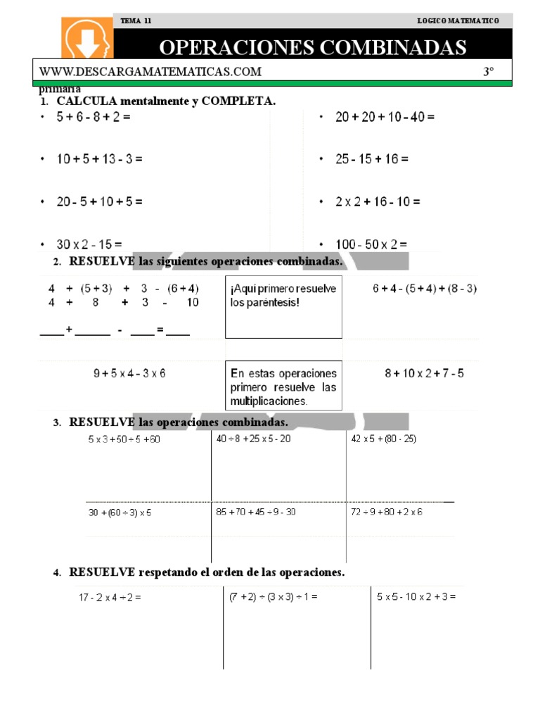 11 Operaciones Combinadas Tercero de Primaria | PDF