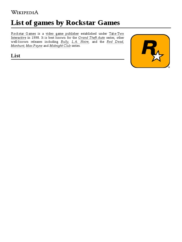 A Comprehensive List of Games Published by Rockstar Games Across