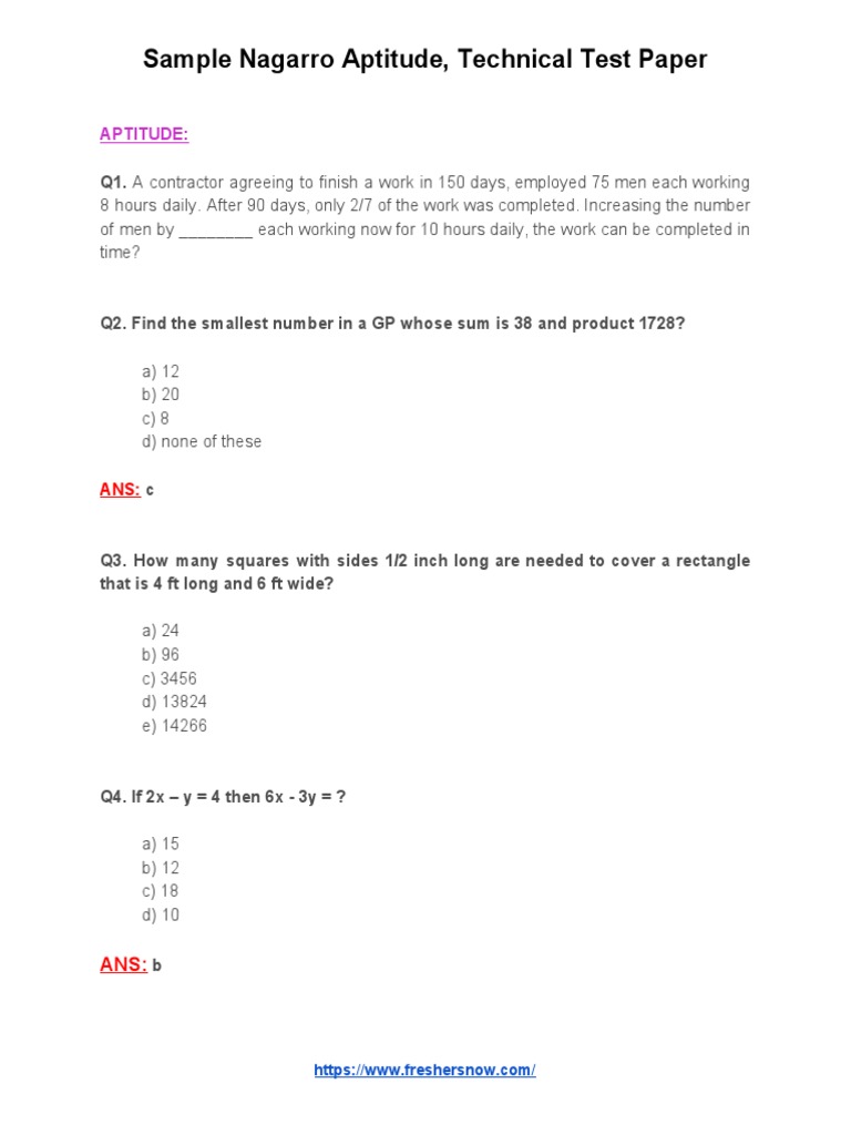 Nagarro Aptitude Technical Test Paper PDF PDF