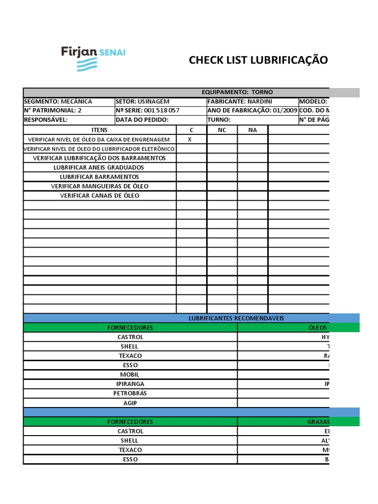 Checklist de Lubrificação para Torno | PDF