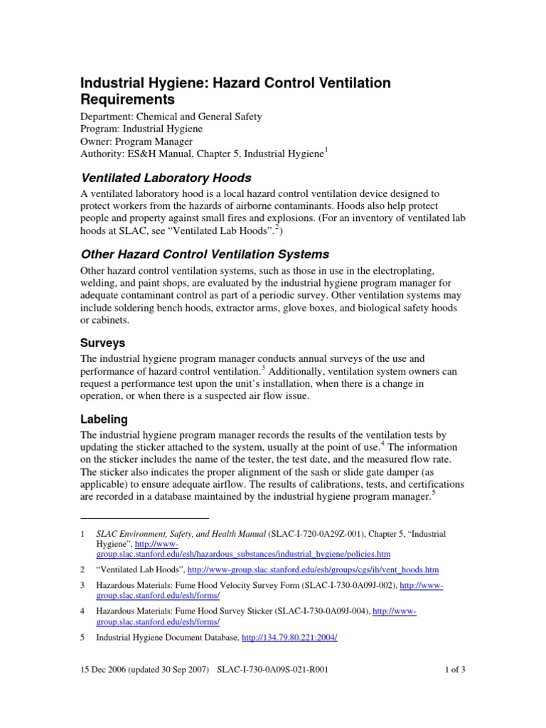 Industrial Hygiene Hazard Control Ventilation Requirements Download