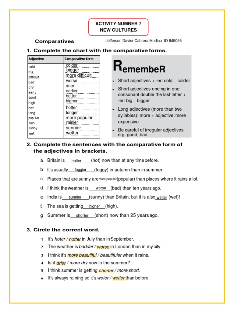 Emember: Activity Number 7 New Cultures Comparatives 1. Complete The ...