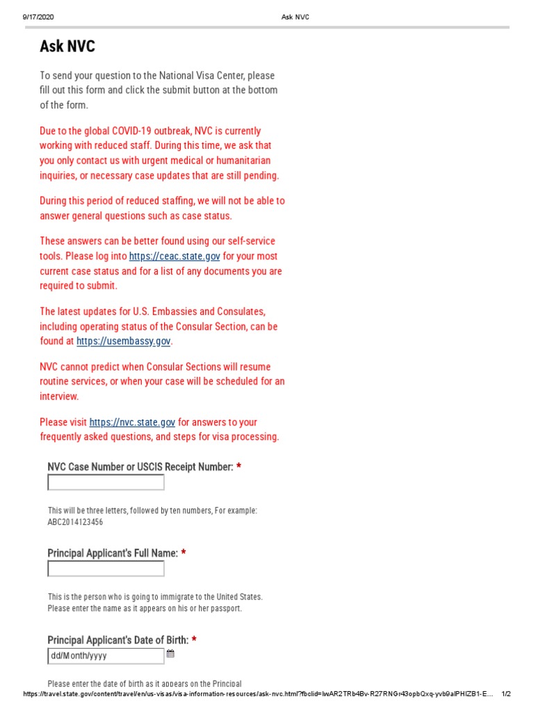 Ask Nvc Inquiry Form _ Immigrant Visa Unit – BNZPIB