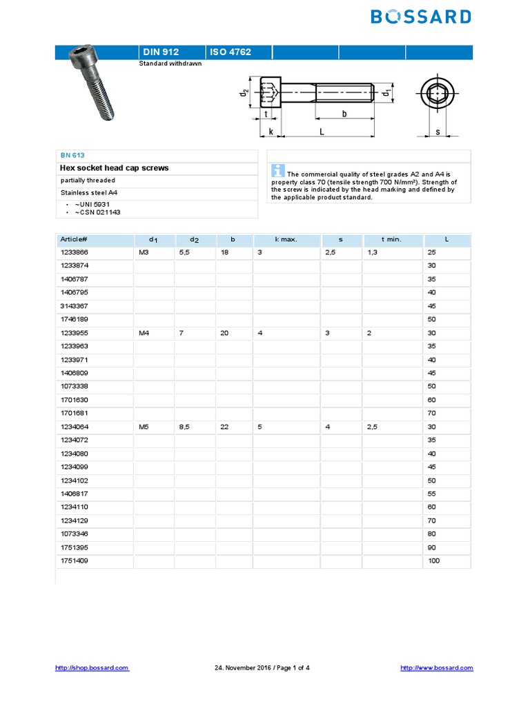 DIN 912 ISO 4762: Hex Socket Head Cap Screws | PDF | Screw | Mechanical ...