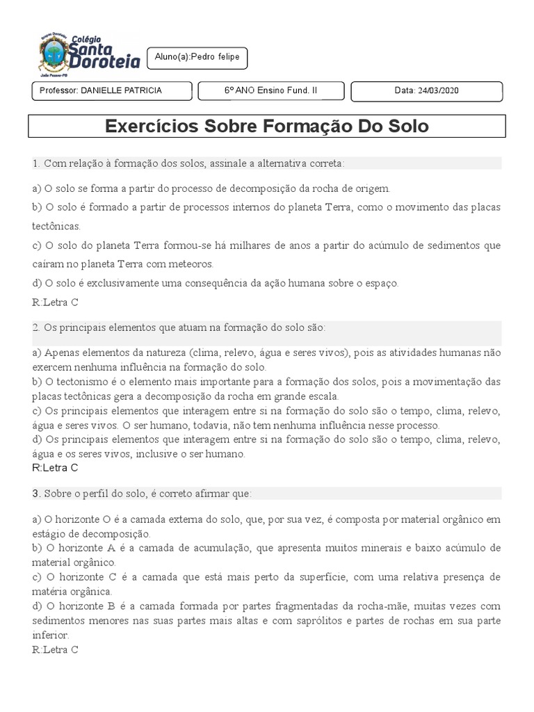 Exercícios Sobre Formação Do Solo - 6 ANO | PDF | Intemperismo | Terreno