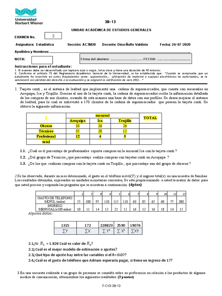 Segundo Examen AC3M20 20201 | PDF | Prueba (evaluación) | Probabilidad