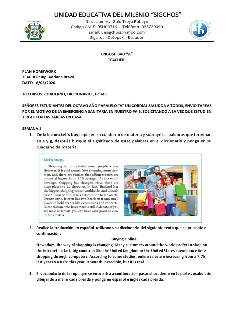 Tareas Ingles Octavo Semana 1 | PDF