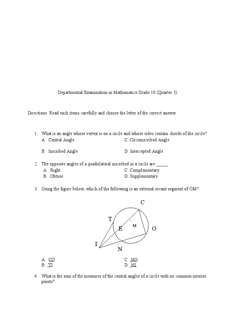 Grade 10 Math Departmental Exam | PDF | Circle | Angle
