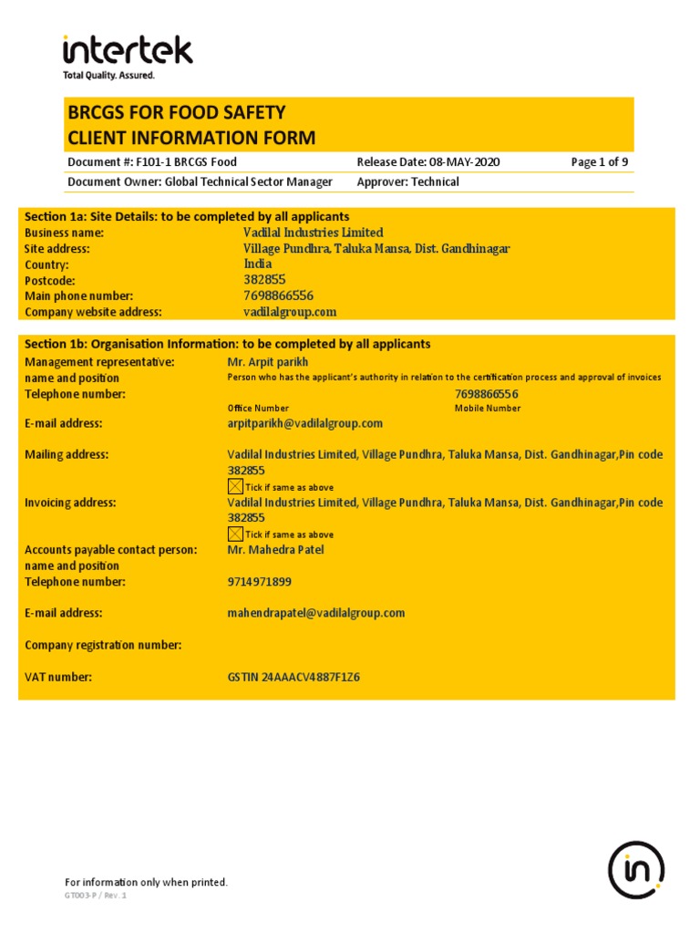 BRCGS Food Safety Client Form | PDF | Food Safety | Foods