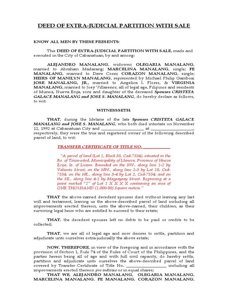 Extrajudicial Partition of Real Property With Sale PDF Law And