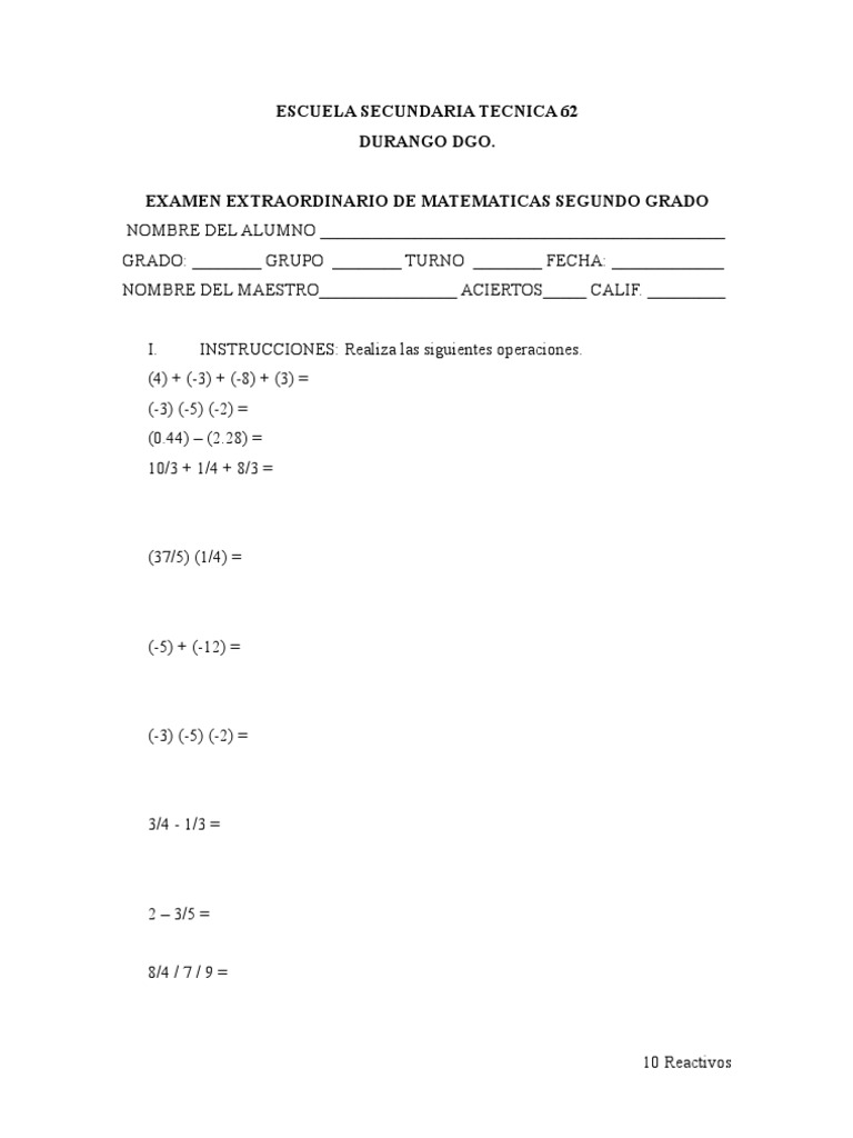 Examen Extraordinario Matemáticas 2 | PDF | Enseñanza de matemática ...