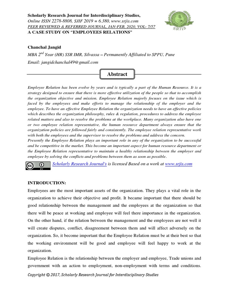 A Case Study On "Employees Relations" PDF Employment Human