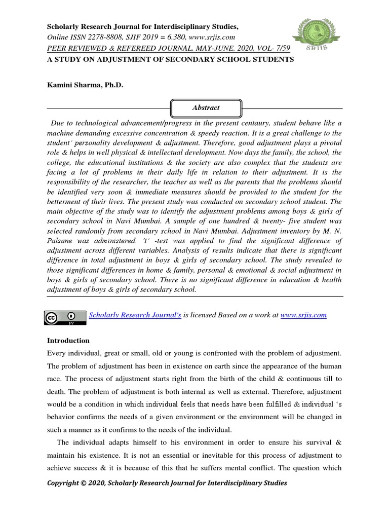 A Study On Adjustment of Secondary School Students | PDF | P Value ...
