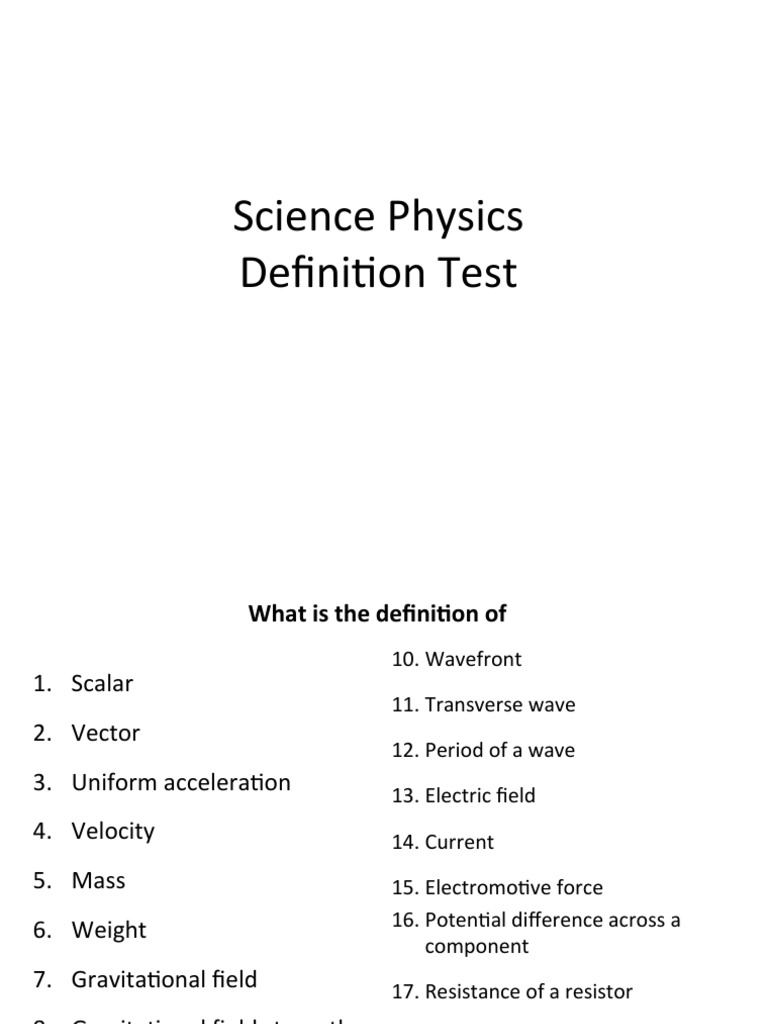 Science Physics Definition Test | PDF | Waves | Velocity