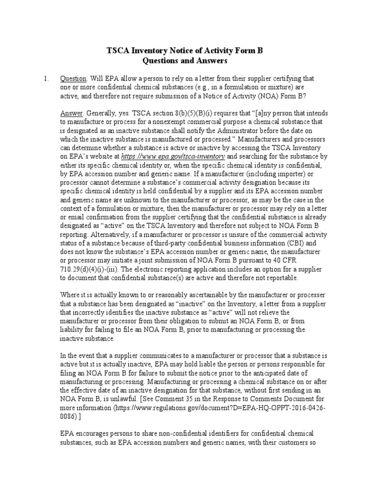 TSCA Inventory Notice of Activity Form B Questions and Answers