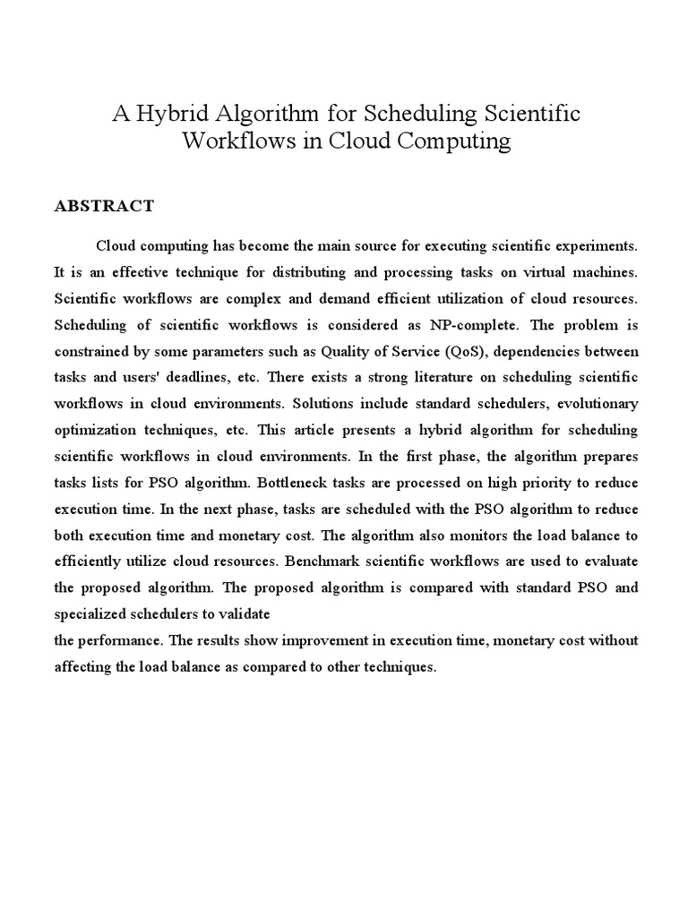 A Hybrid Algorithm For Scheduling Scientific | PDF | Cipher | Cloud ...