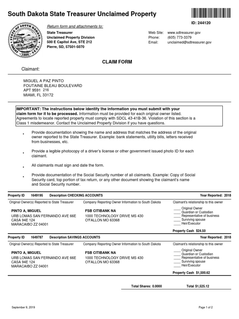 South Dakota State Treasurer Unclaimed Property Claim Form PDF