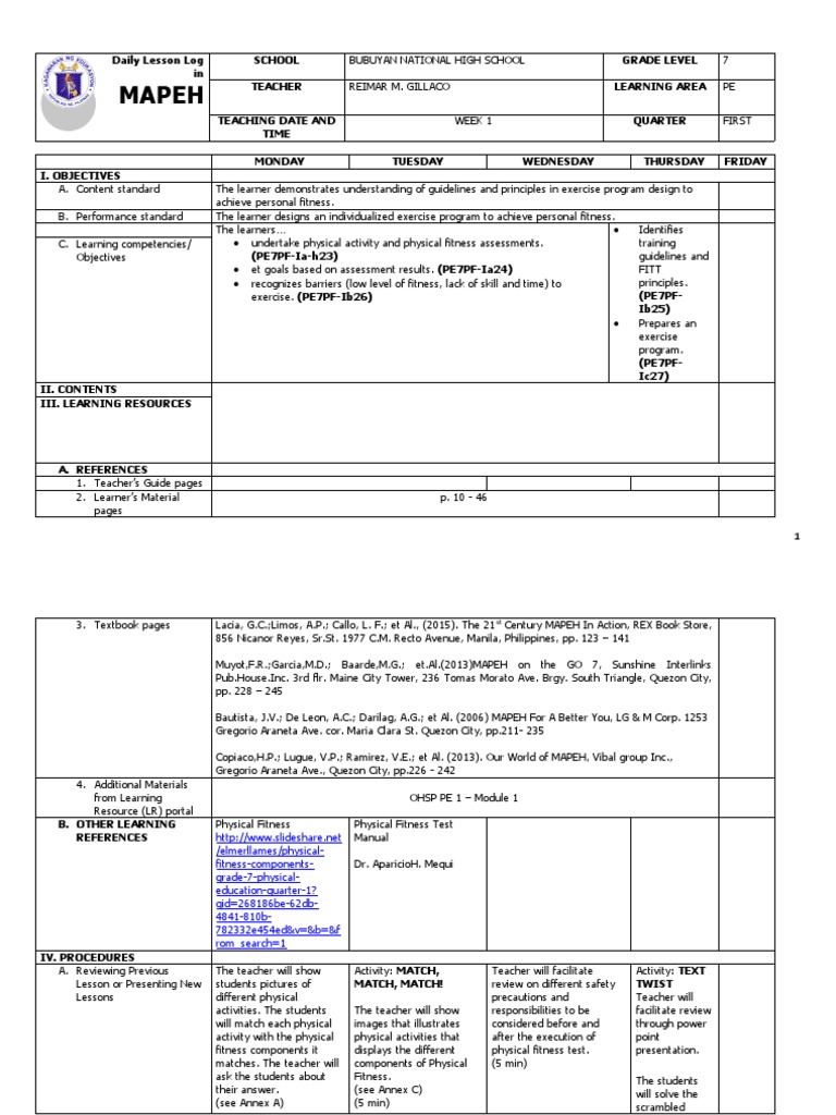 Q1 Grade 7 PE DLL Week 1 | PDF | Rubric (Academic) | Physical Fitness