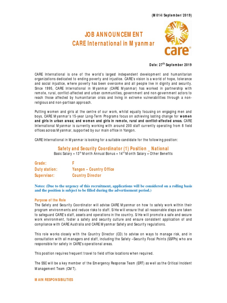 Job Announcement CARE International in Myanmar Safety and Security