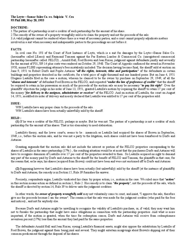 The LeyteSamar Sales Co. vs. Sulpicio v. Cea (93 Phil 100, May 20