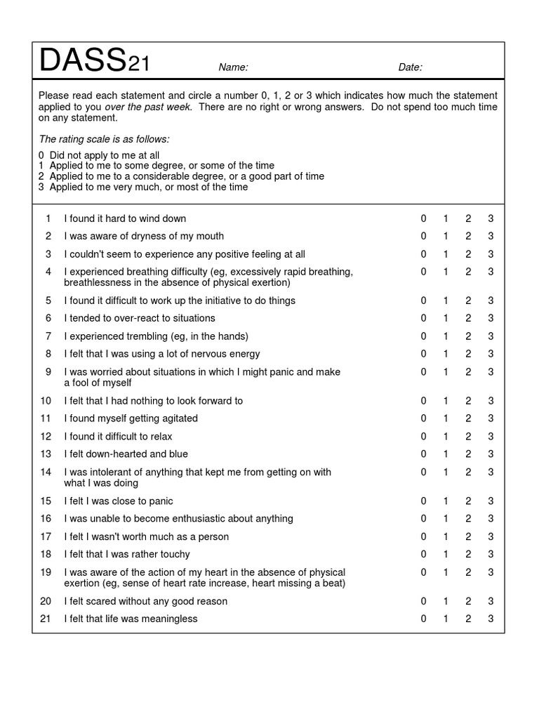 DASS-21 Questionnaire for Self-Assessment | PDF | Psychological ...