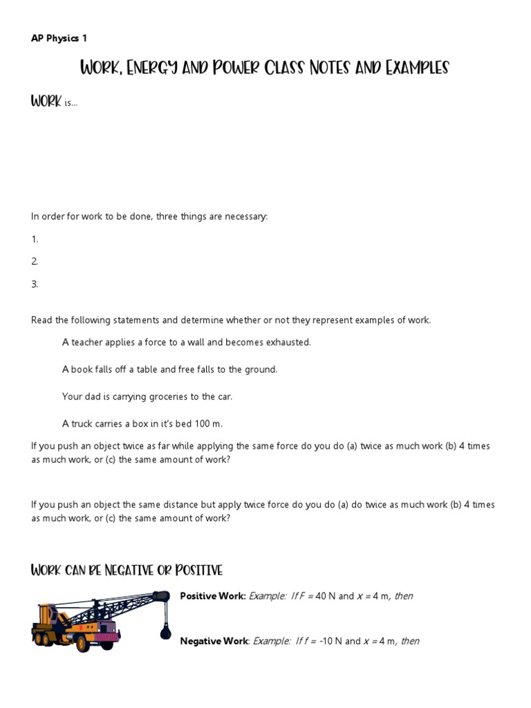 Work Energy Power Class Notes And Example Problems Pdf Force Friction