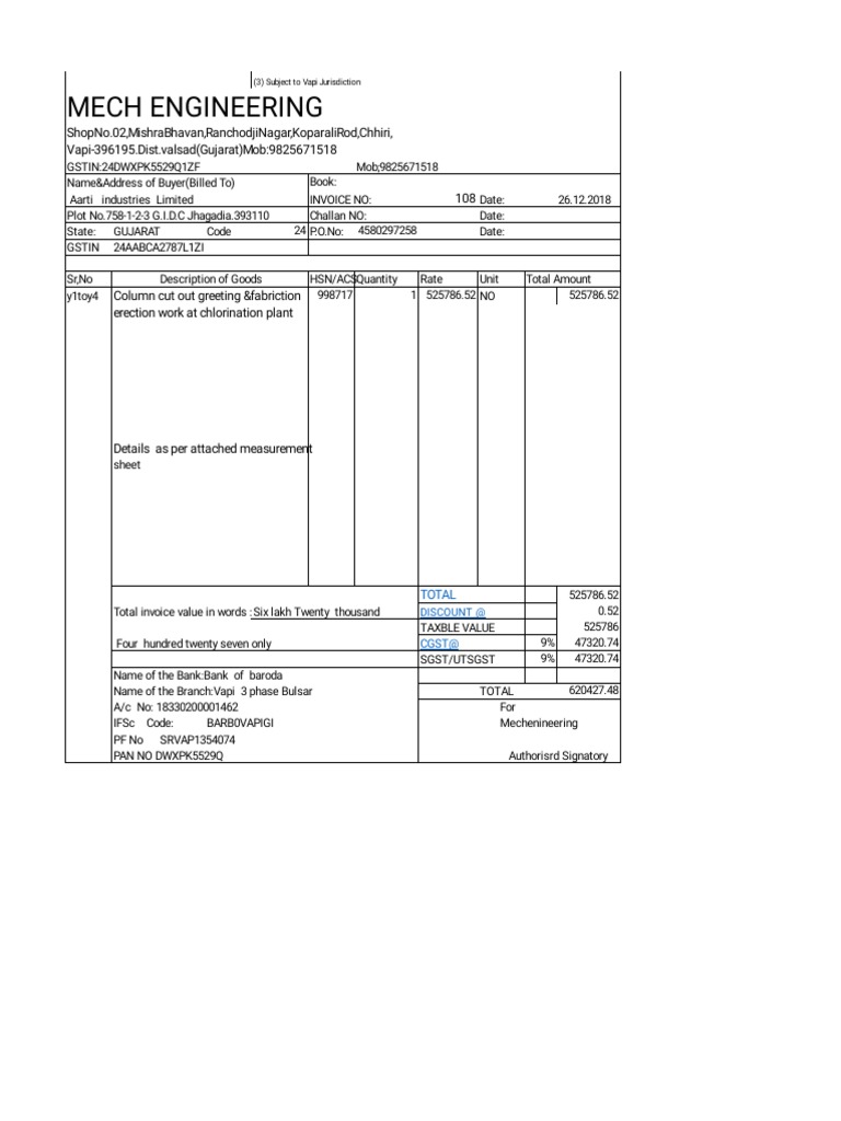 Engineering Invoice for Aarti Industries | PDF | Finance & Money Management