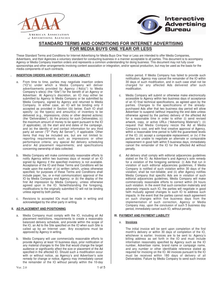 Standard IAB AAAA Terms And Conditions Ver 2 0 Indemnity Advertising