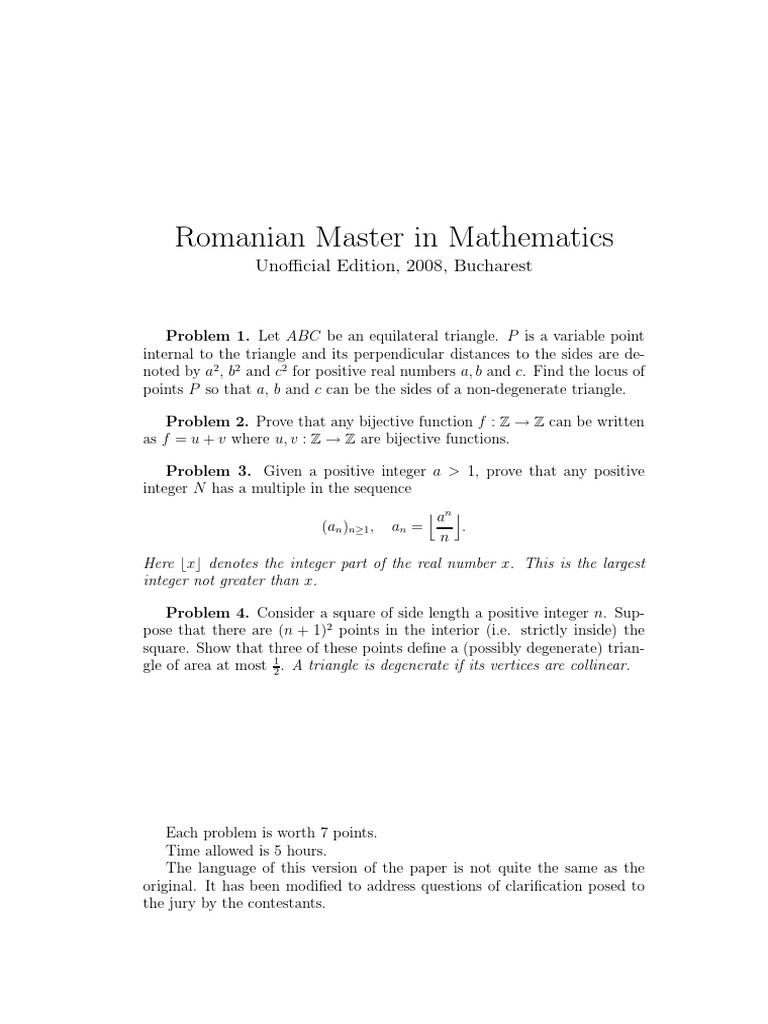 Romanian Masters in Mathematics 2008 | PDF | Language Arts & Discipline ...
