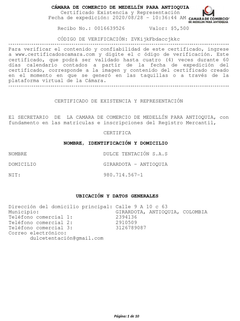 Certificado de Camara y Comercio | Descargar gratis PDF | Junta ...