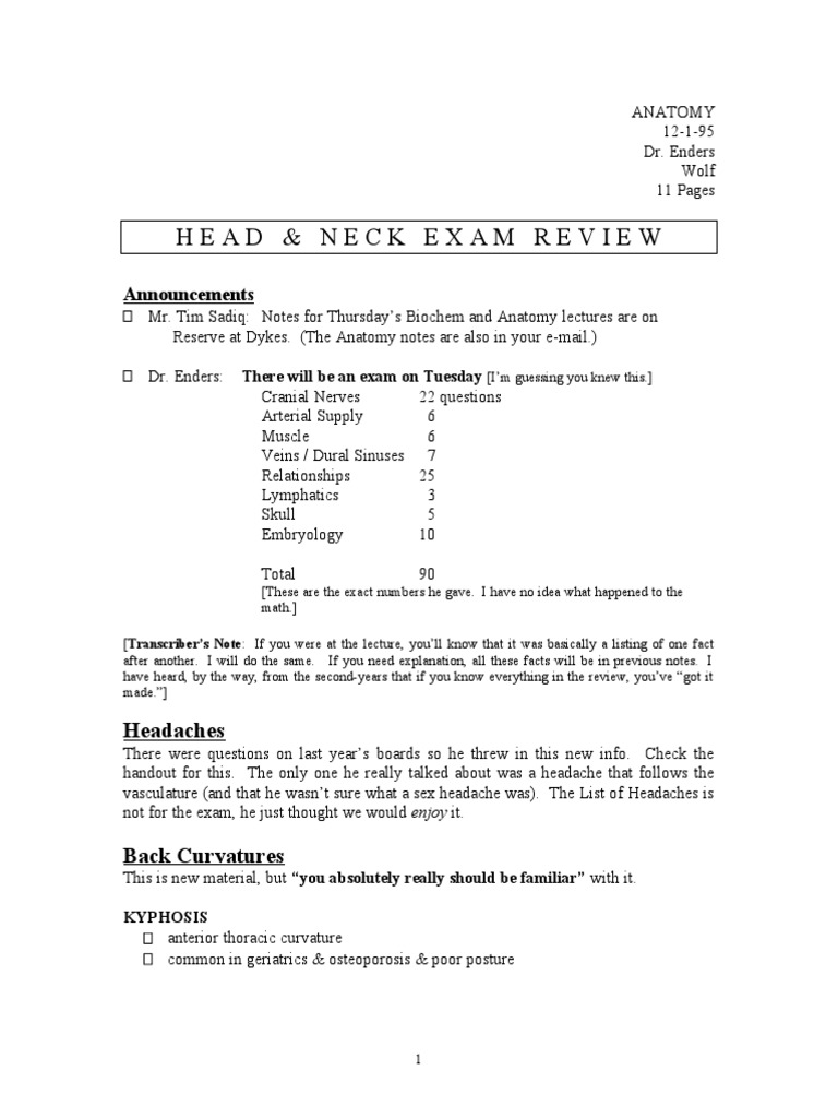 Head & Neck Exam Review Announcements PDF Ear Common Carotid Artery
