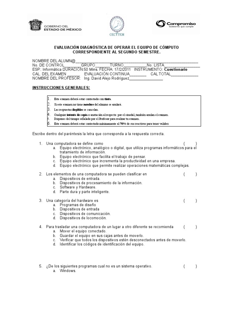 Examen Diagnóstico | PDF | Prueba (evaluación) | Hardware de la computadora