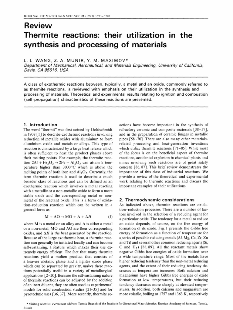 Thermite Reactions - Their Utilization in The Synthesis and Processing ...