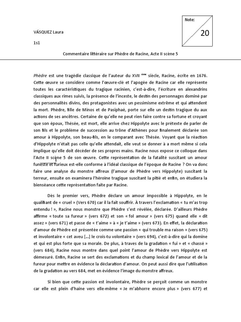 Commentaire de Texte - Phèdre | PDF | Jean Racine