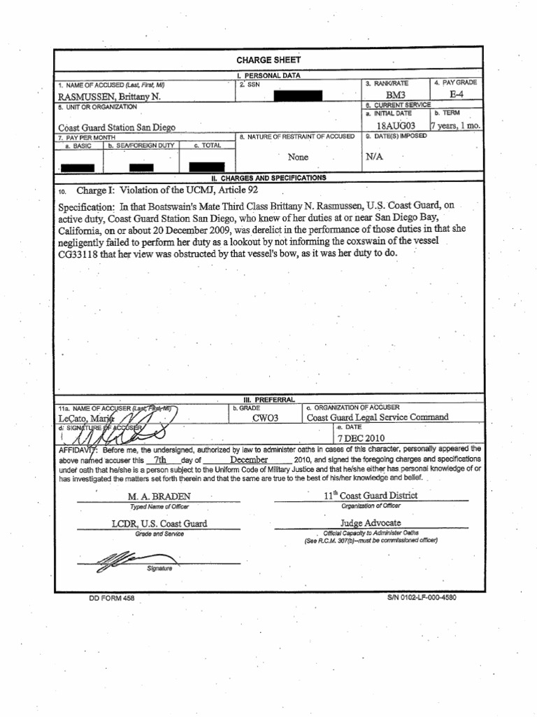 Article 92 Charge Sheet Boatswain's Mate 3rd Class Brittany Rasmussen | PDF