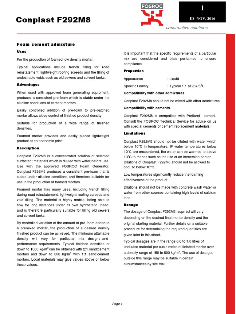 Conplast F292M8 Foam Cement Admixture PDF Density Foam