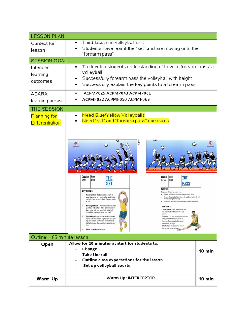Volleyball Forearm Pass Lesson Plan | PDF | Volleyball | Rubric (Academic)